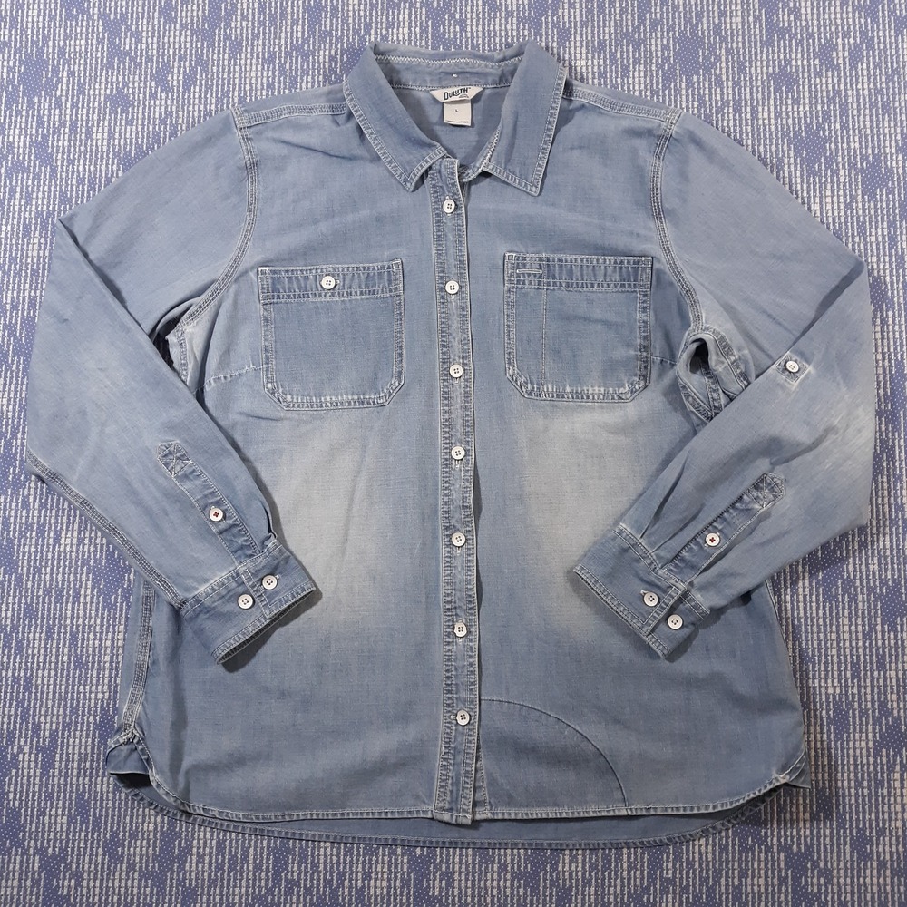 Duluth Shirt Womens Large Denim Cotton Blend Blue Button Up Long Roll Tab Sleeve